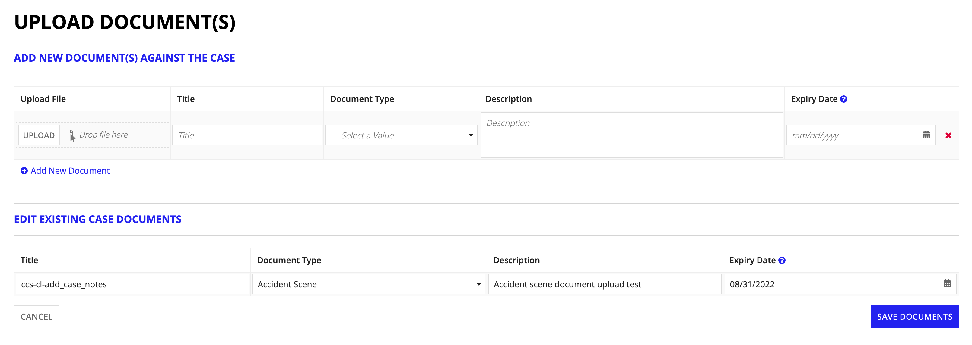 The Upload Documents form