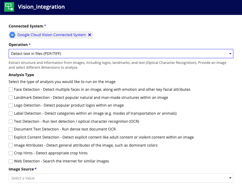 screenshot of Detect text in files operation selected in an integration object