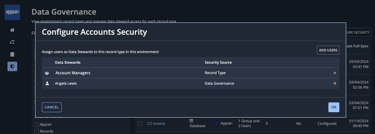screenshot of the configure security dialog showing one group and one user assigned as data stewards