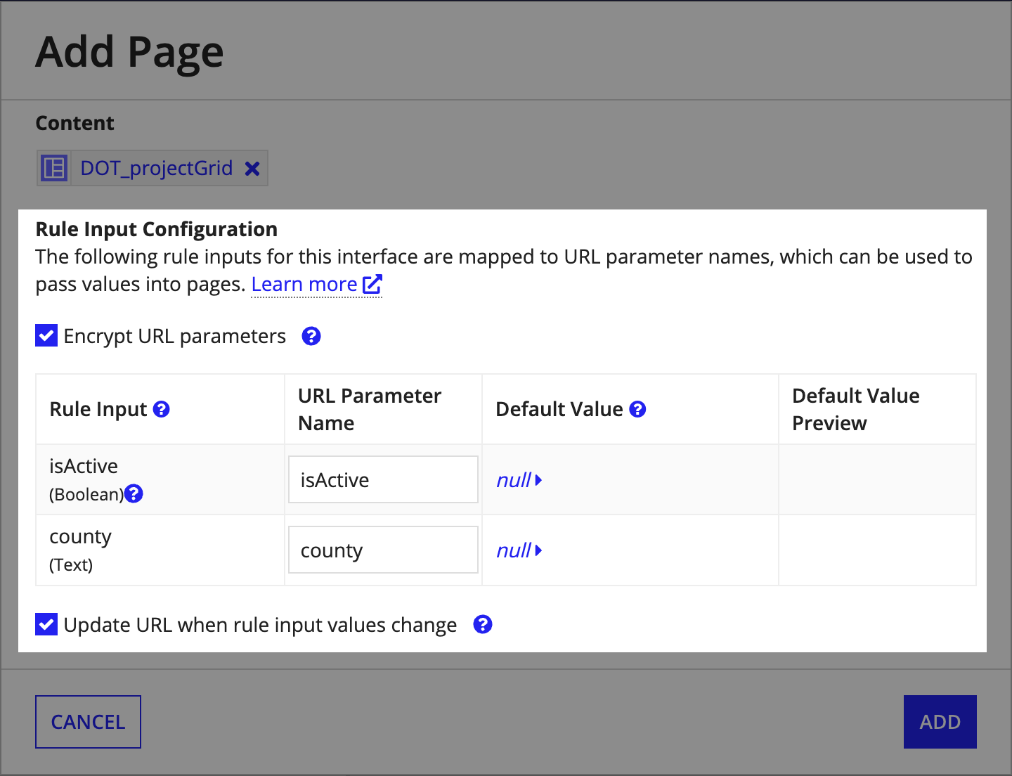 add page dialog with rule input configurations highlighted