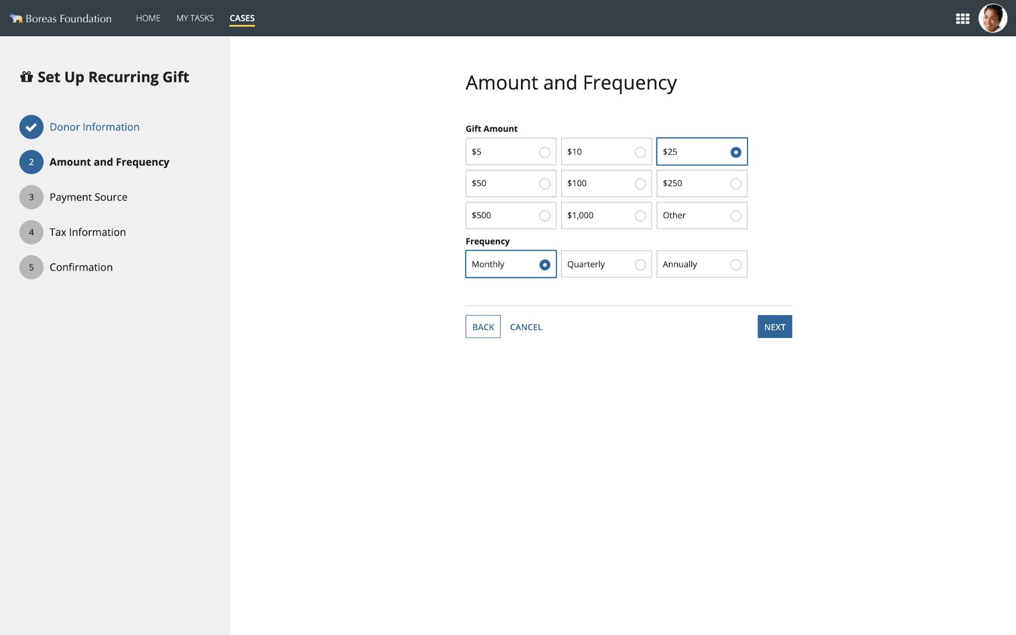 Example of a donation form allowing user to select the amount of money to donate and the frequency of donation.