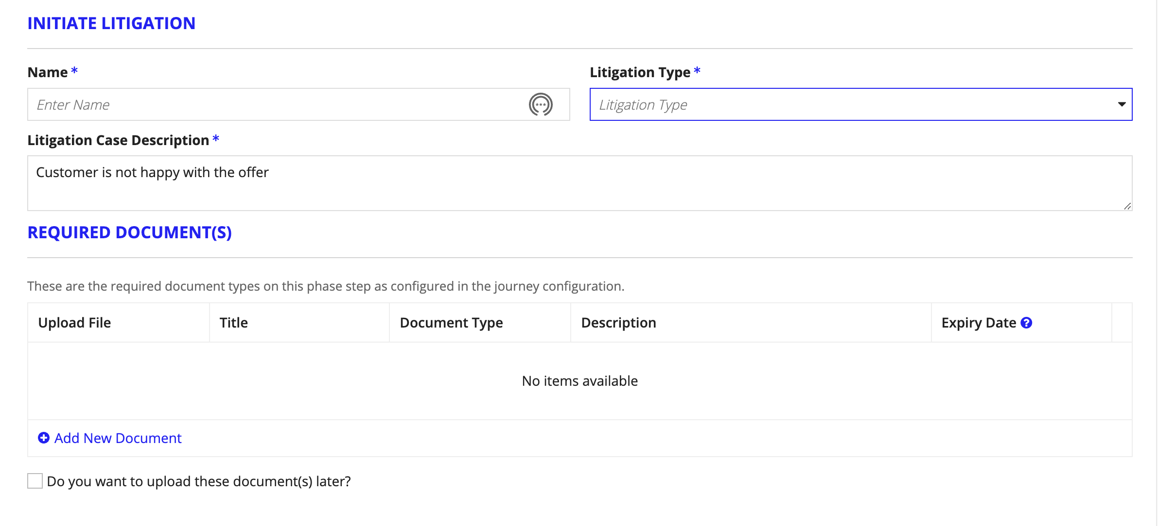 The Initiate Litigation form