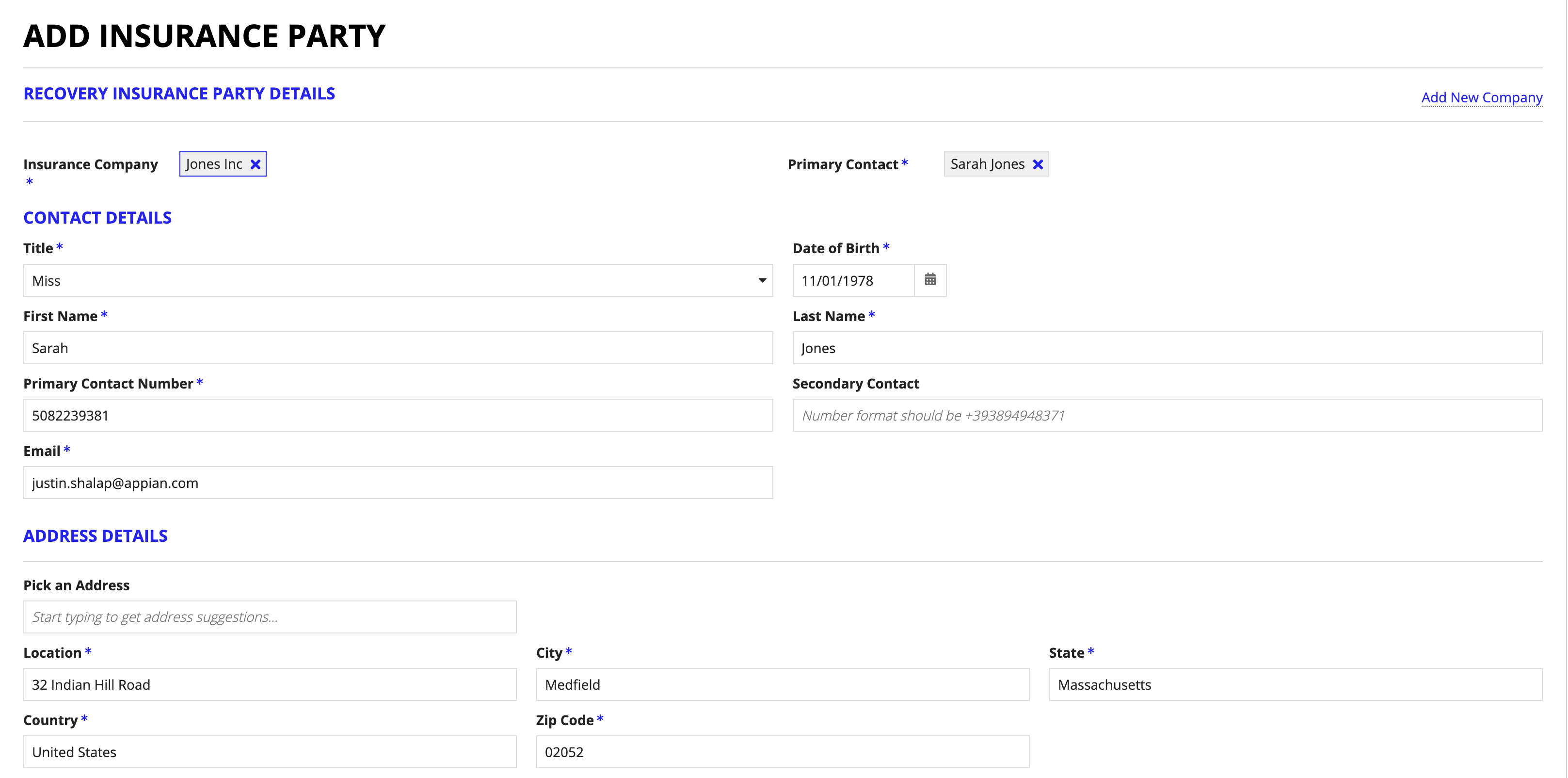 The Add Insurance Company form