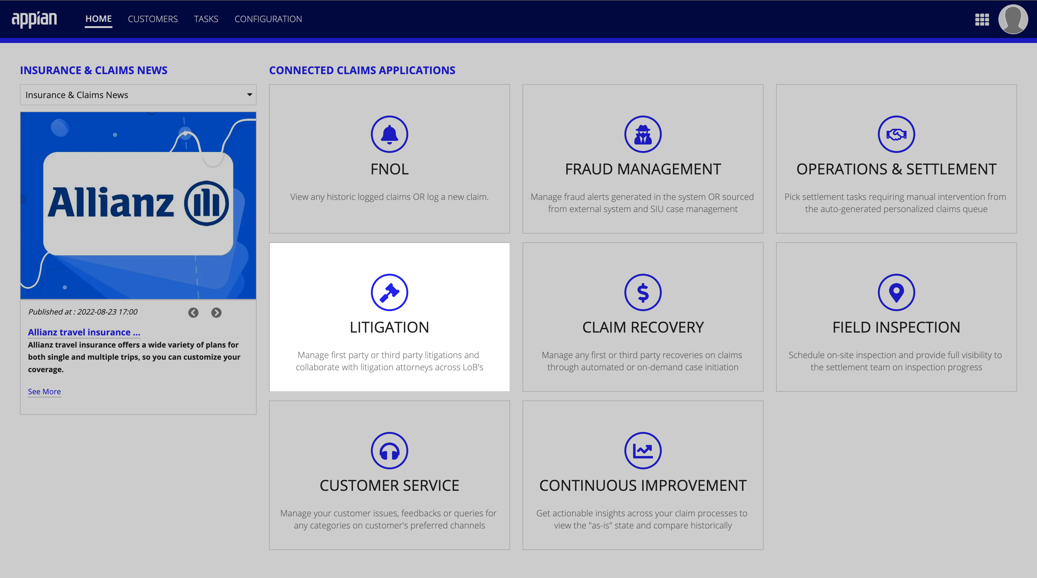 Connected Claims home page with Litigation module highlighted