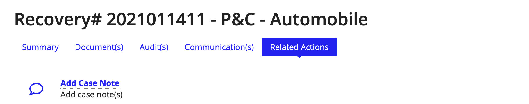 The Add Case Note button on the Related Actions page