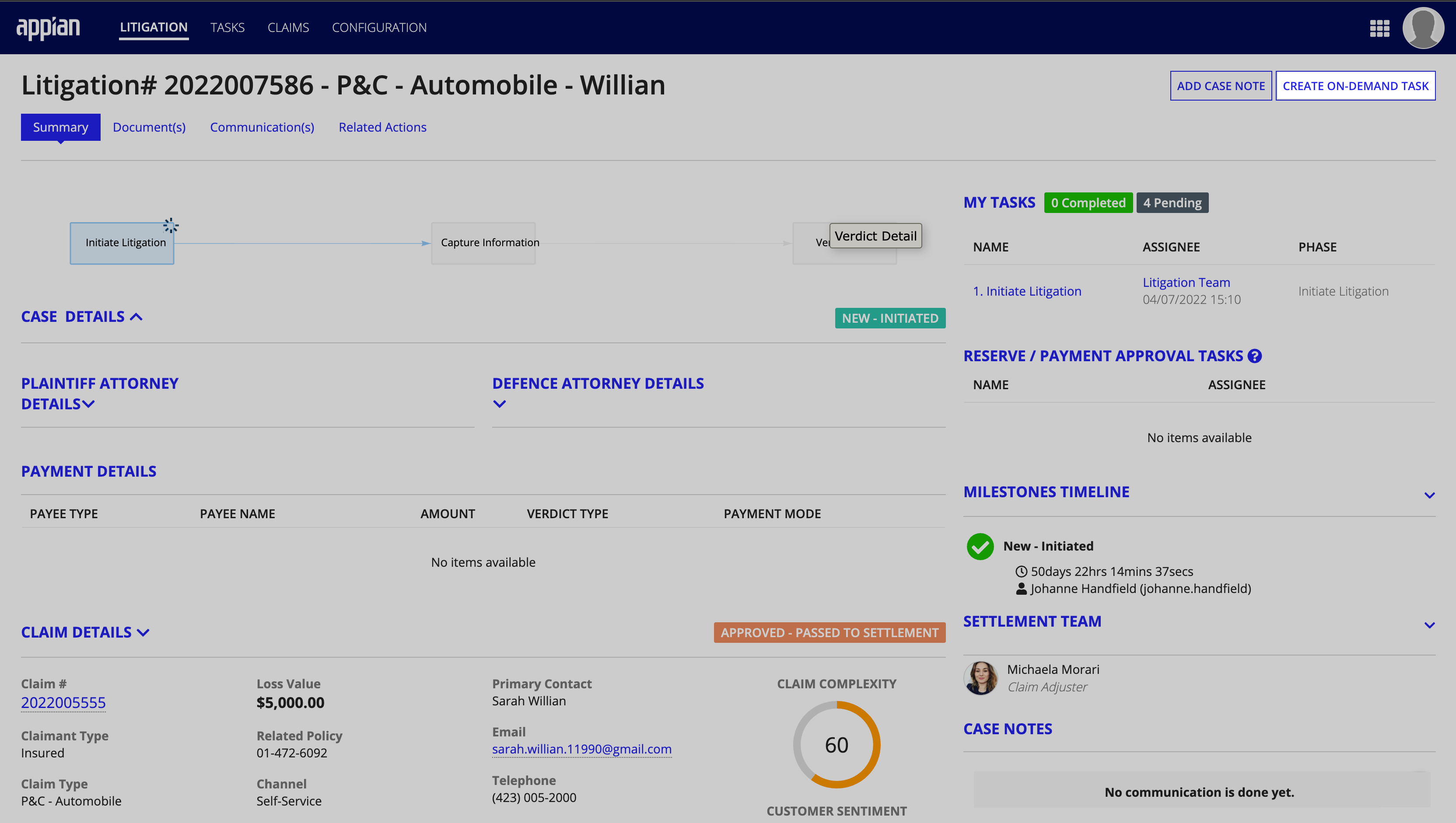 The Create On-Demand Task button on the Litigation Summary page