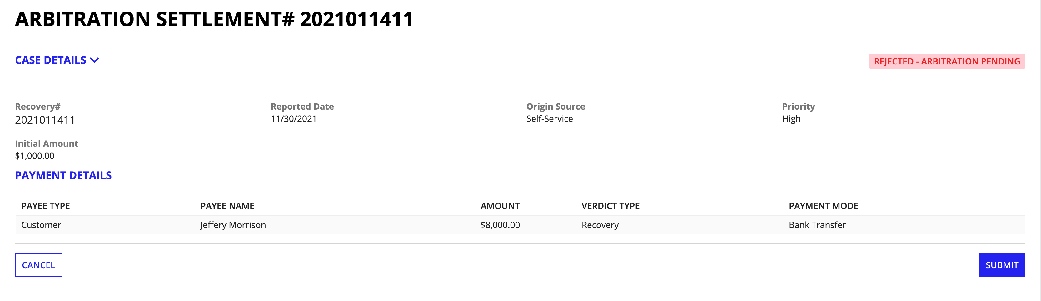 The Arbitration Settlement confirmation screen