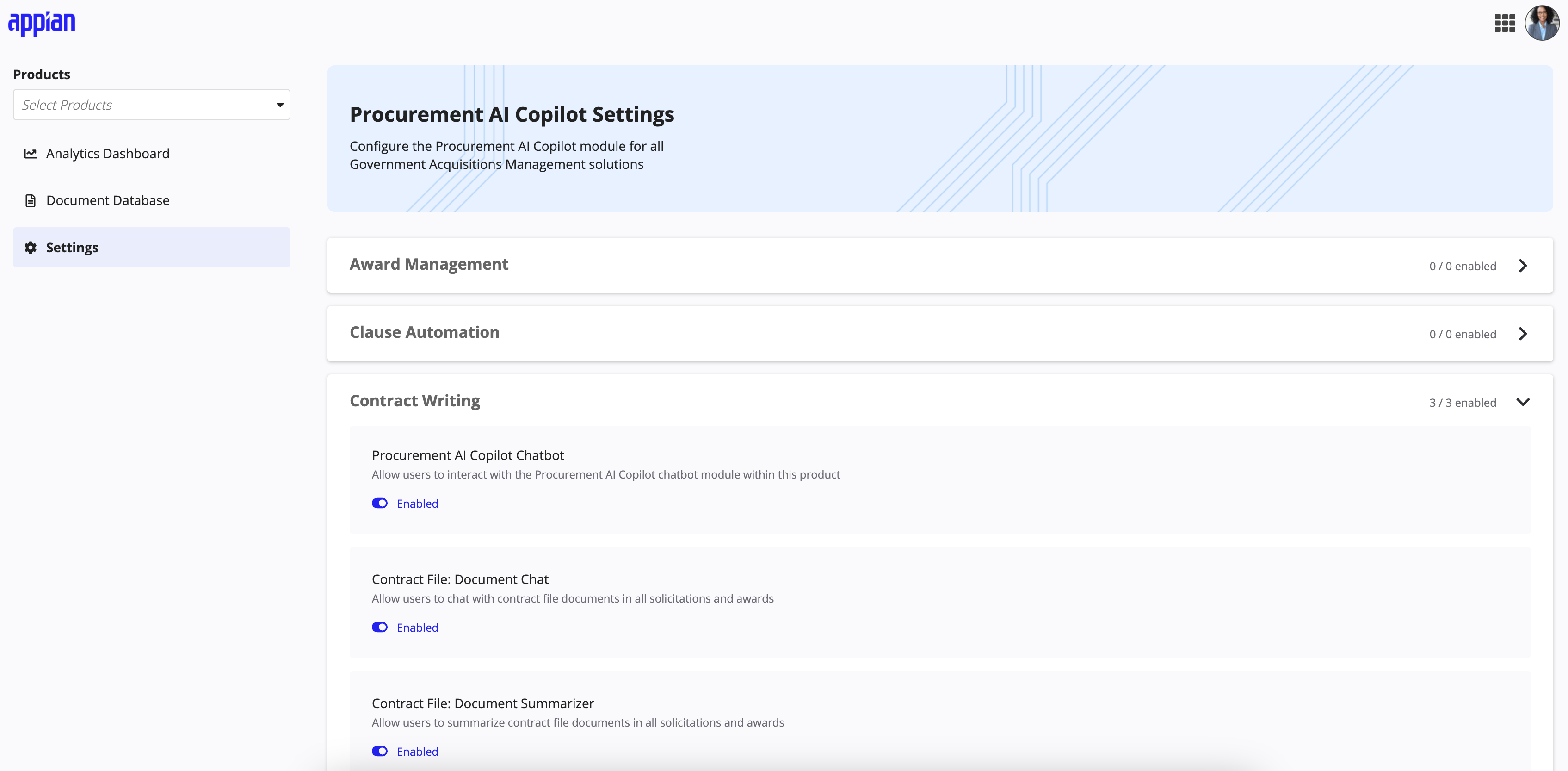 Procurement AI Copilot settings page