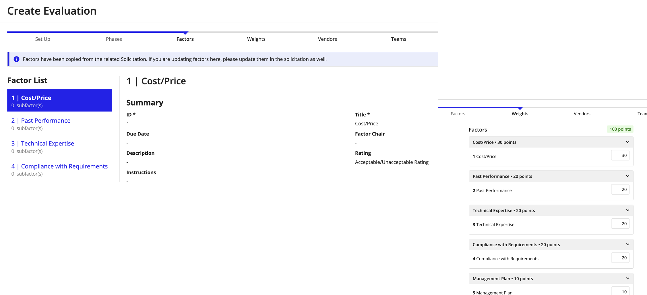 Create evaluation factors and weights copied from solicitation