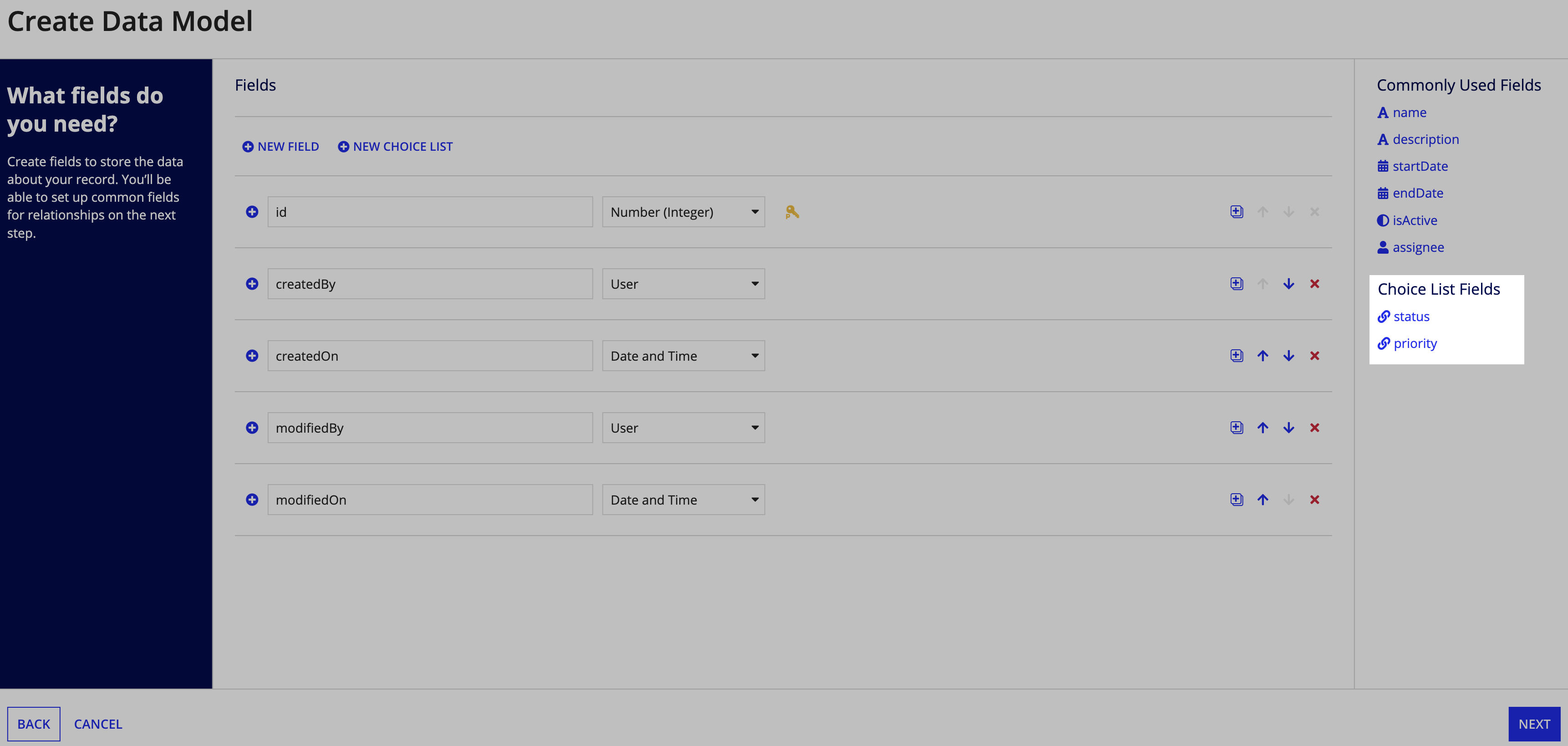 Choice list fields highlighted in the Create Data Model dialog