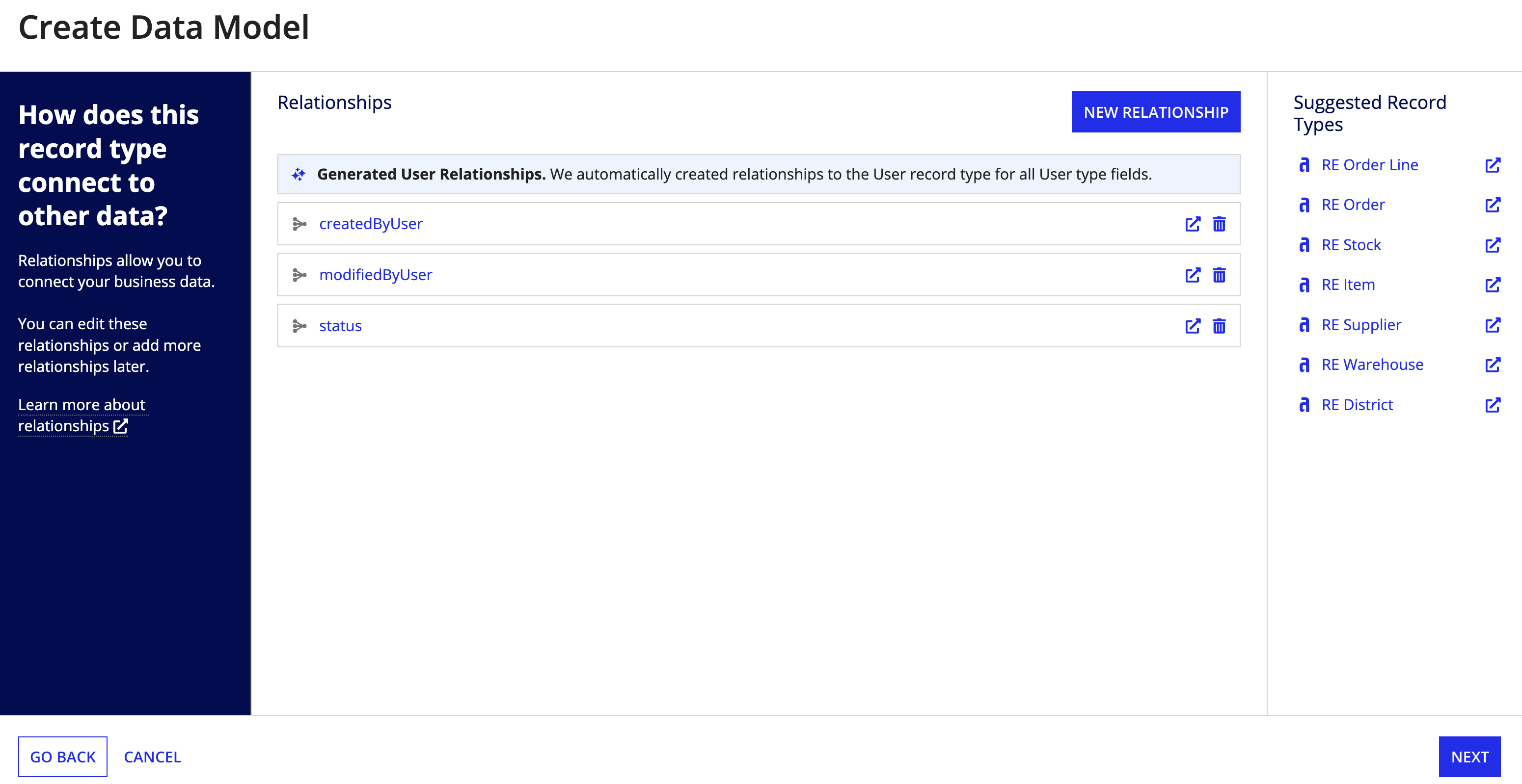 options for adding a relationship in the Create Data Model dialog