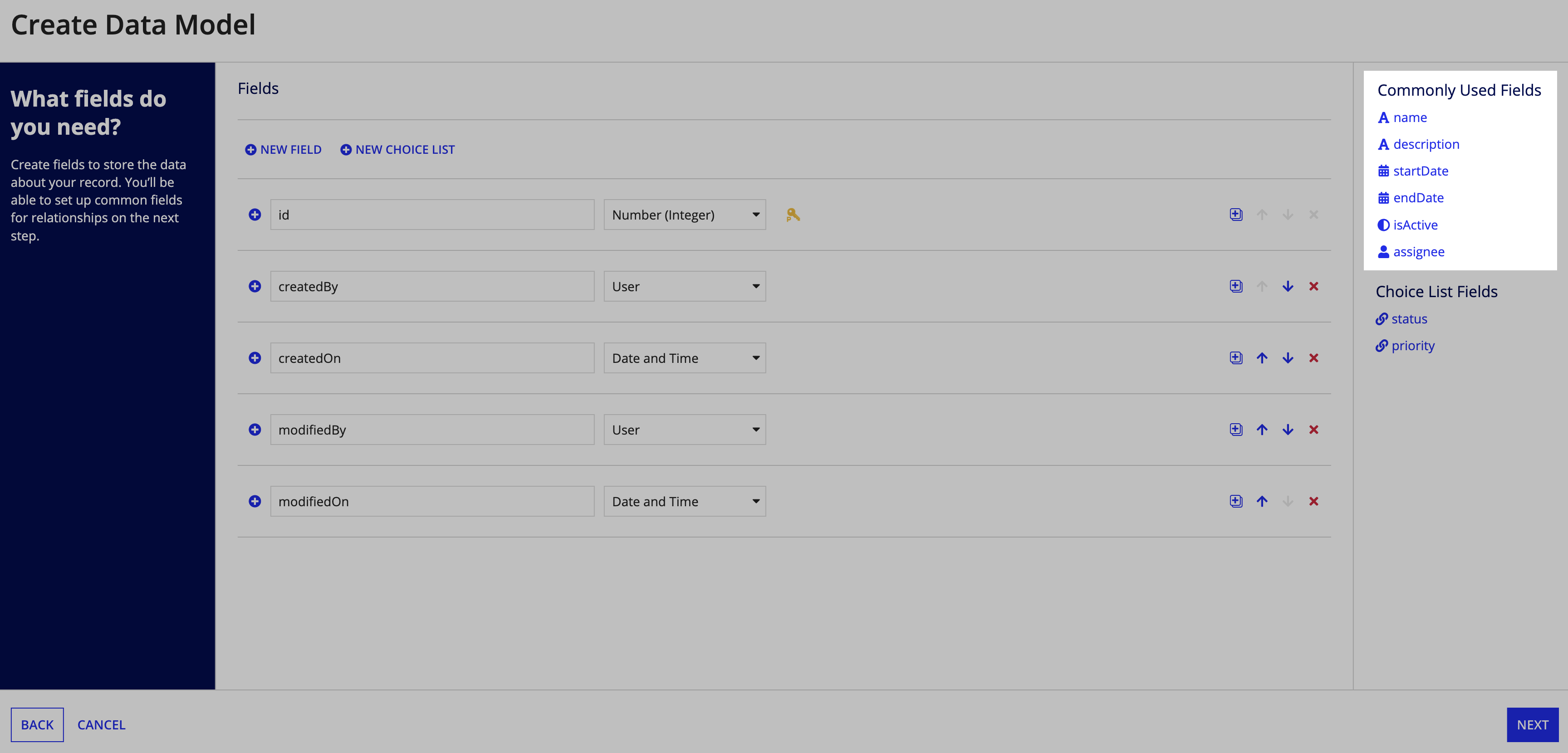 suggested fields highlighted in the Create Data Model dialog