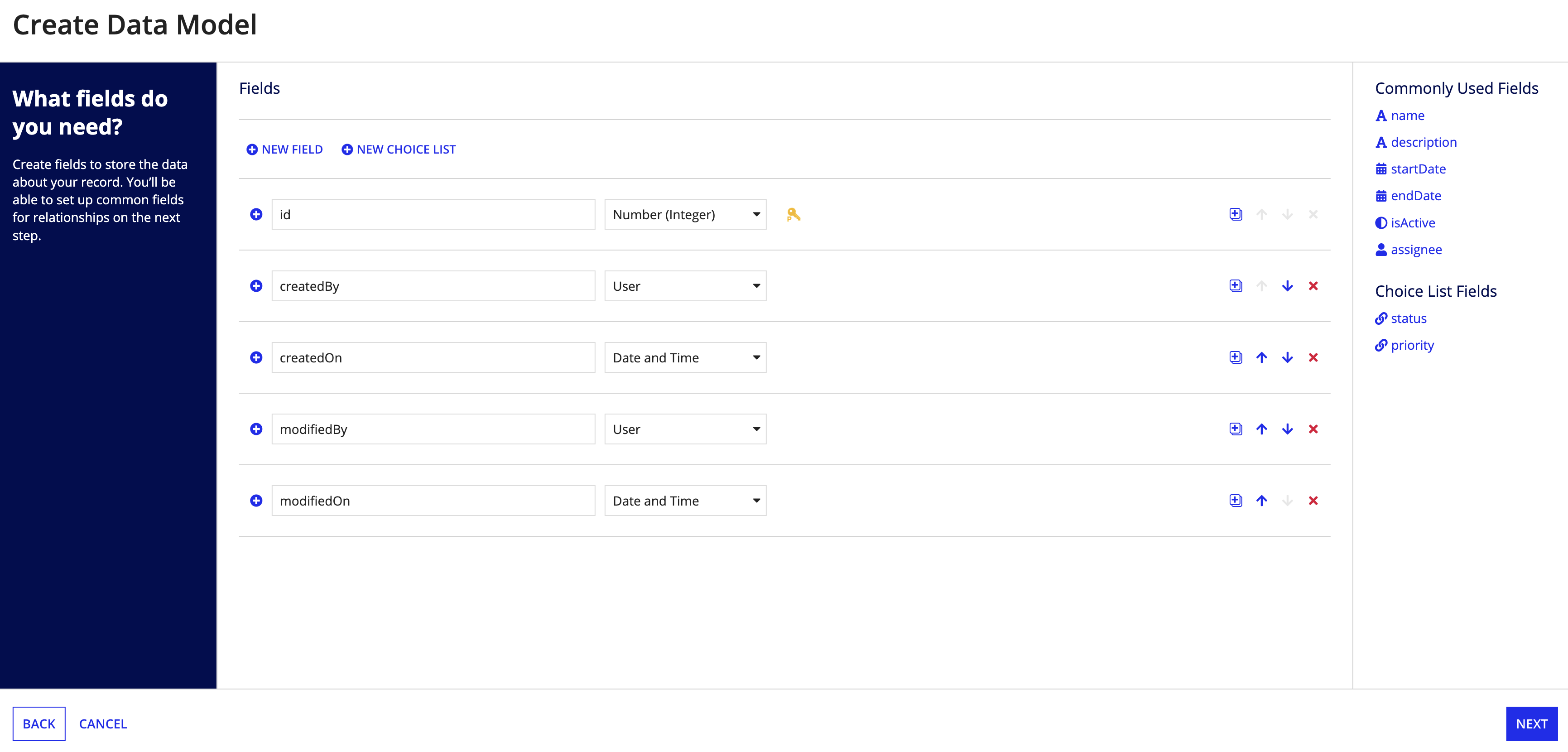 data structure configuration in the Create Data Model dialog