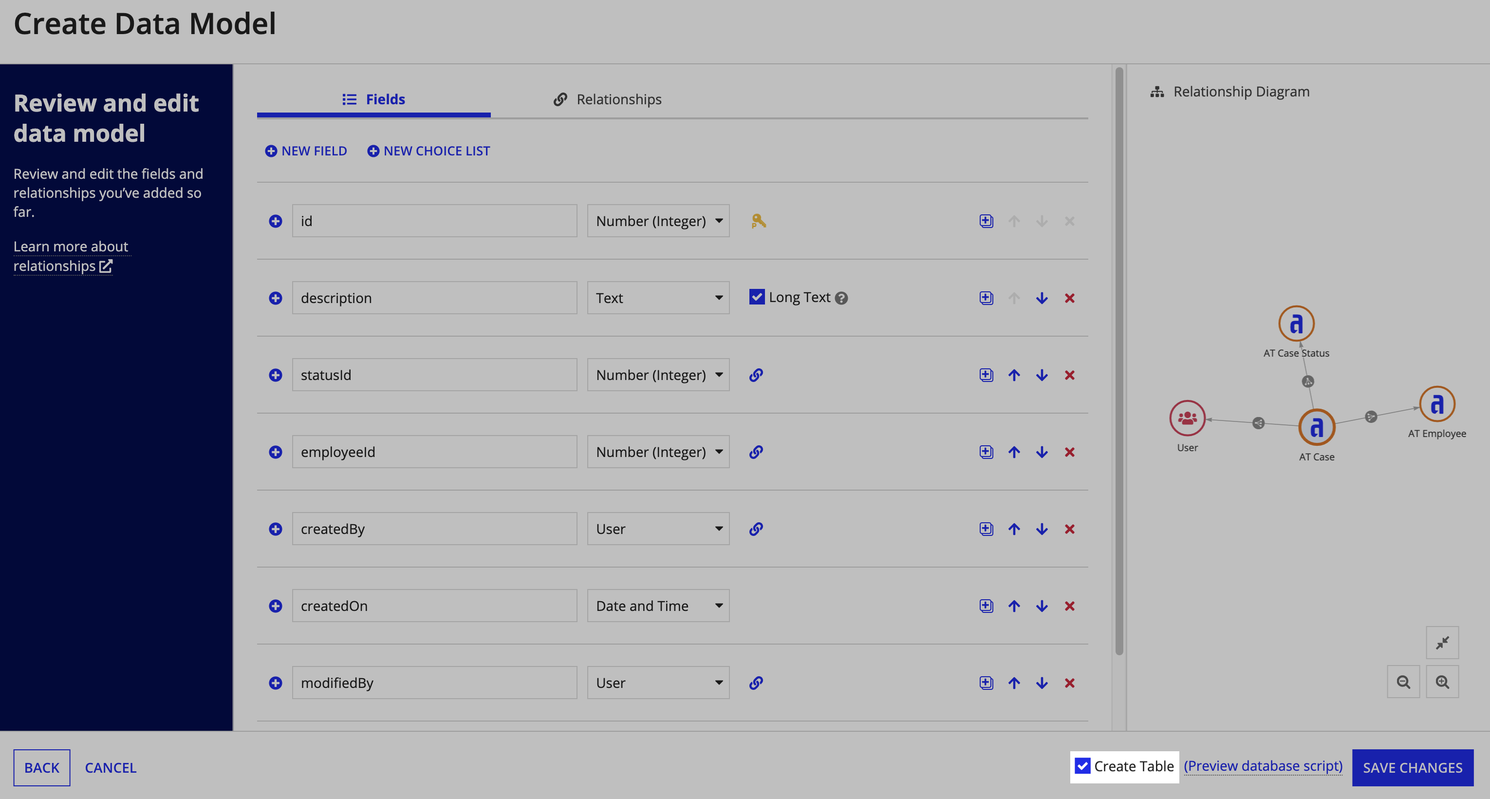 Create Table option highlighted in the review step of the Create Data Model dialog