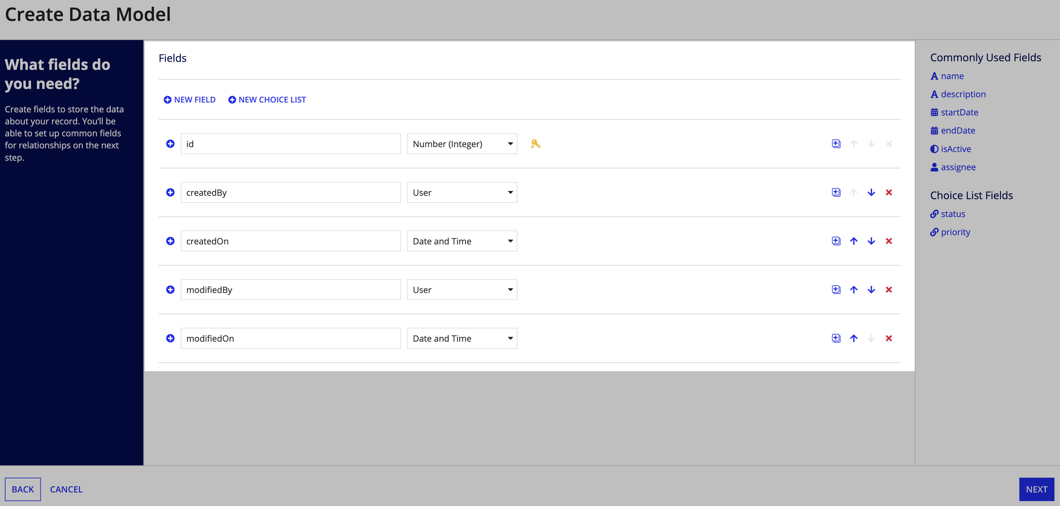 default fields highlighted in the Create Data Model dialog