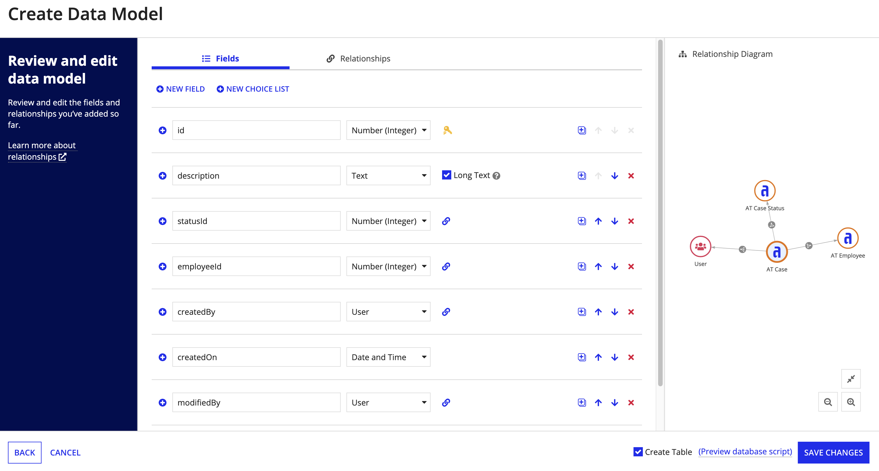 data model review in Create Data Model dialog