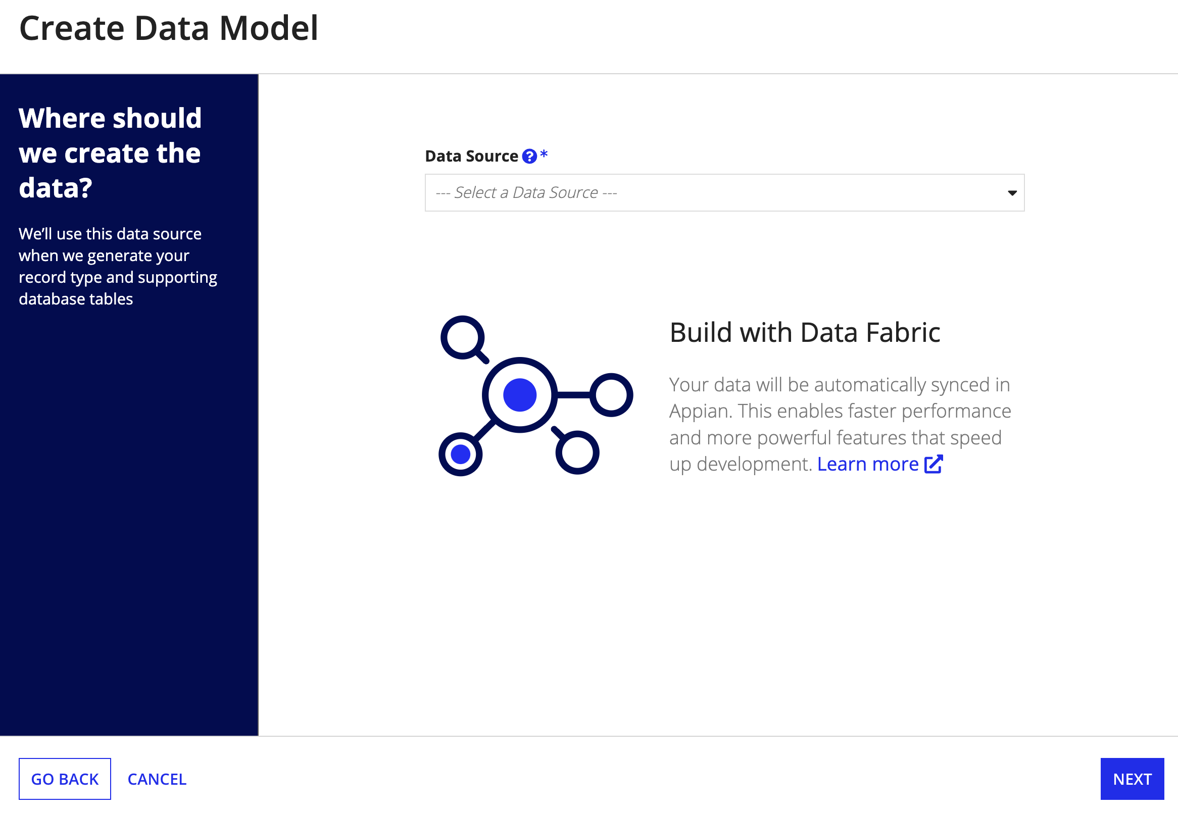 option to select database in the Create Data Model dialog