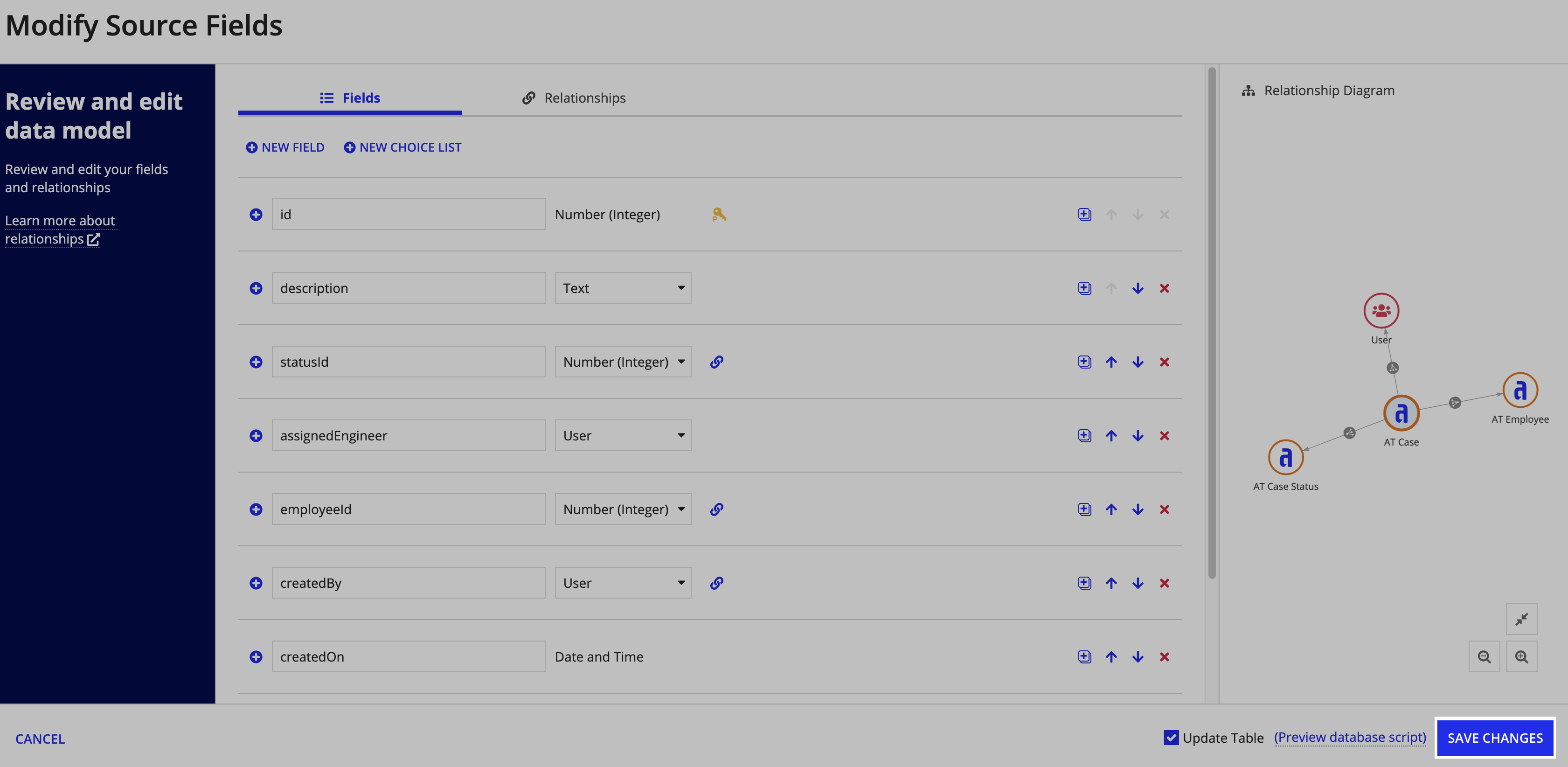 Save Changes button highlighted in the Add Source Fields dialog