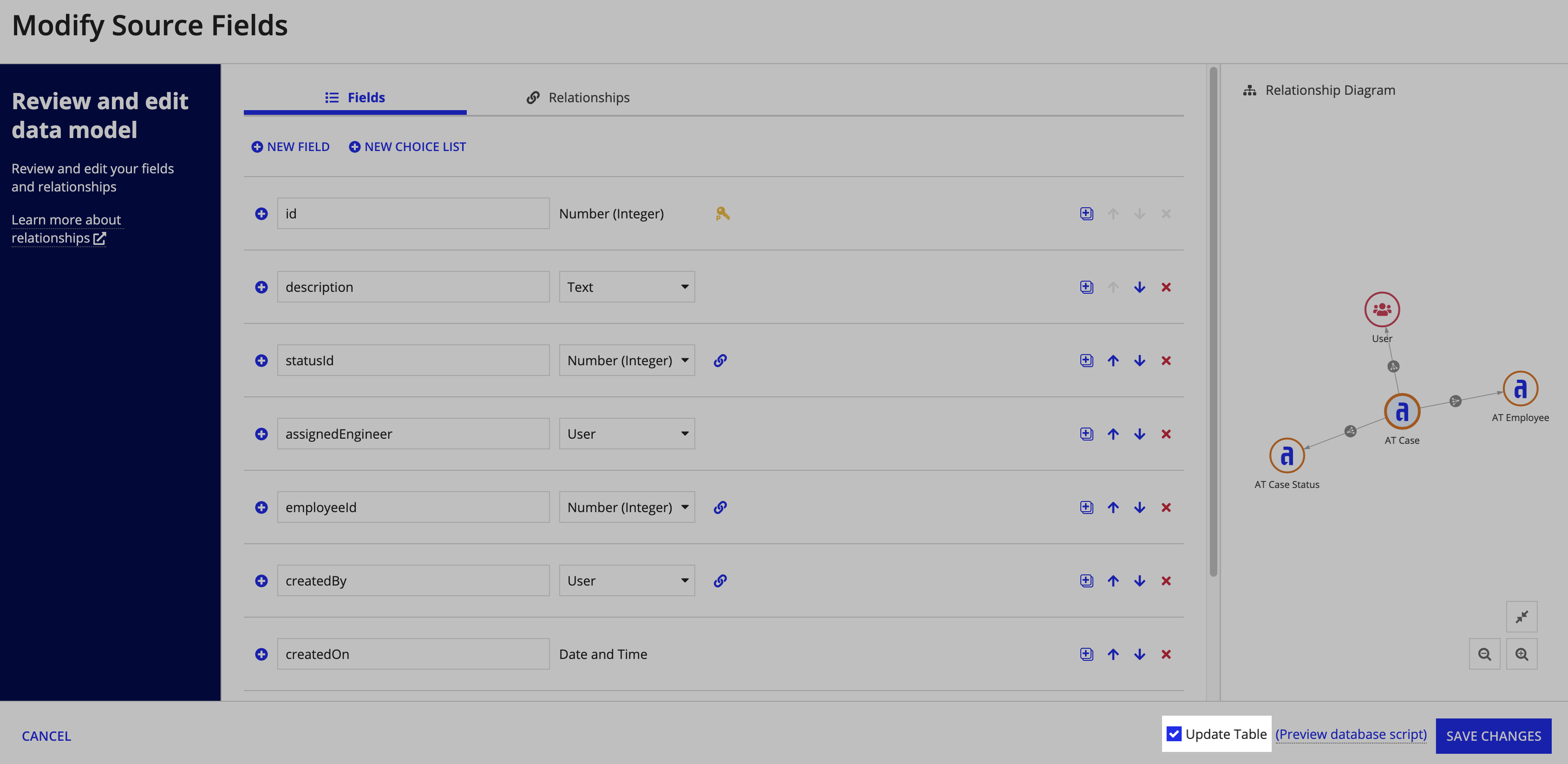 Update Table option highlighted in the review step of the Add Source Fields dialog