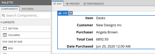 screenshot of the view interface, showing 5 fields filled with test data