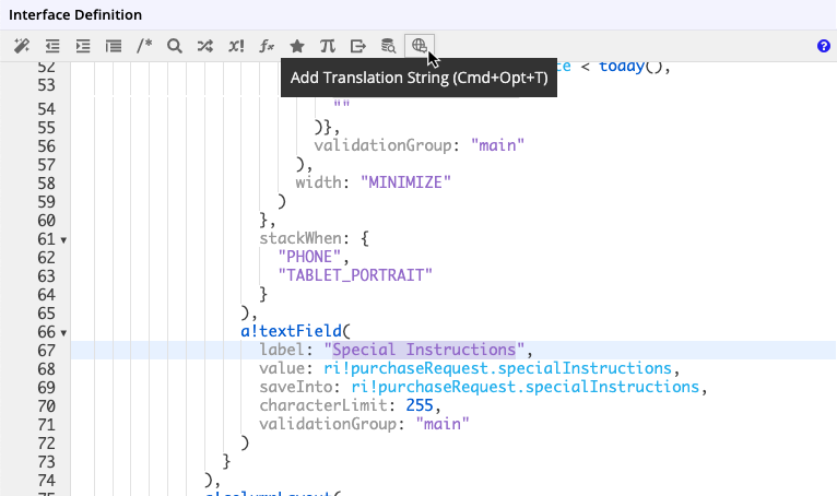 screenshot showing highlighted text and add translation string button in an expression