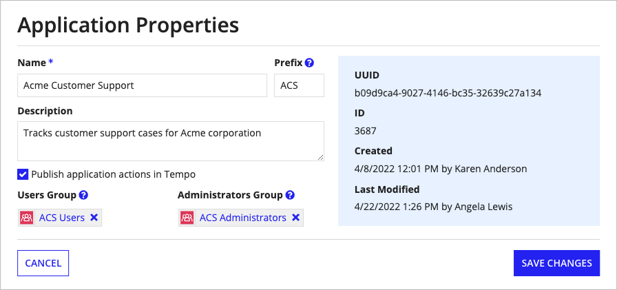 screenshot of the Application Properties dialog