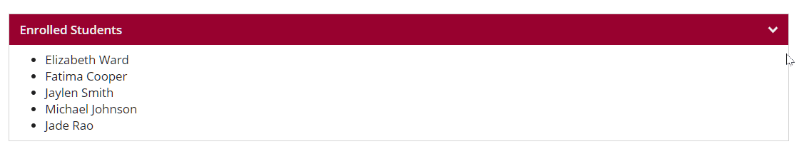 screenshot of a box layout with burgundy styling and a list of students