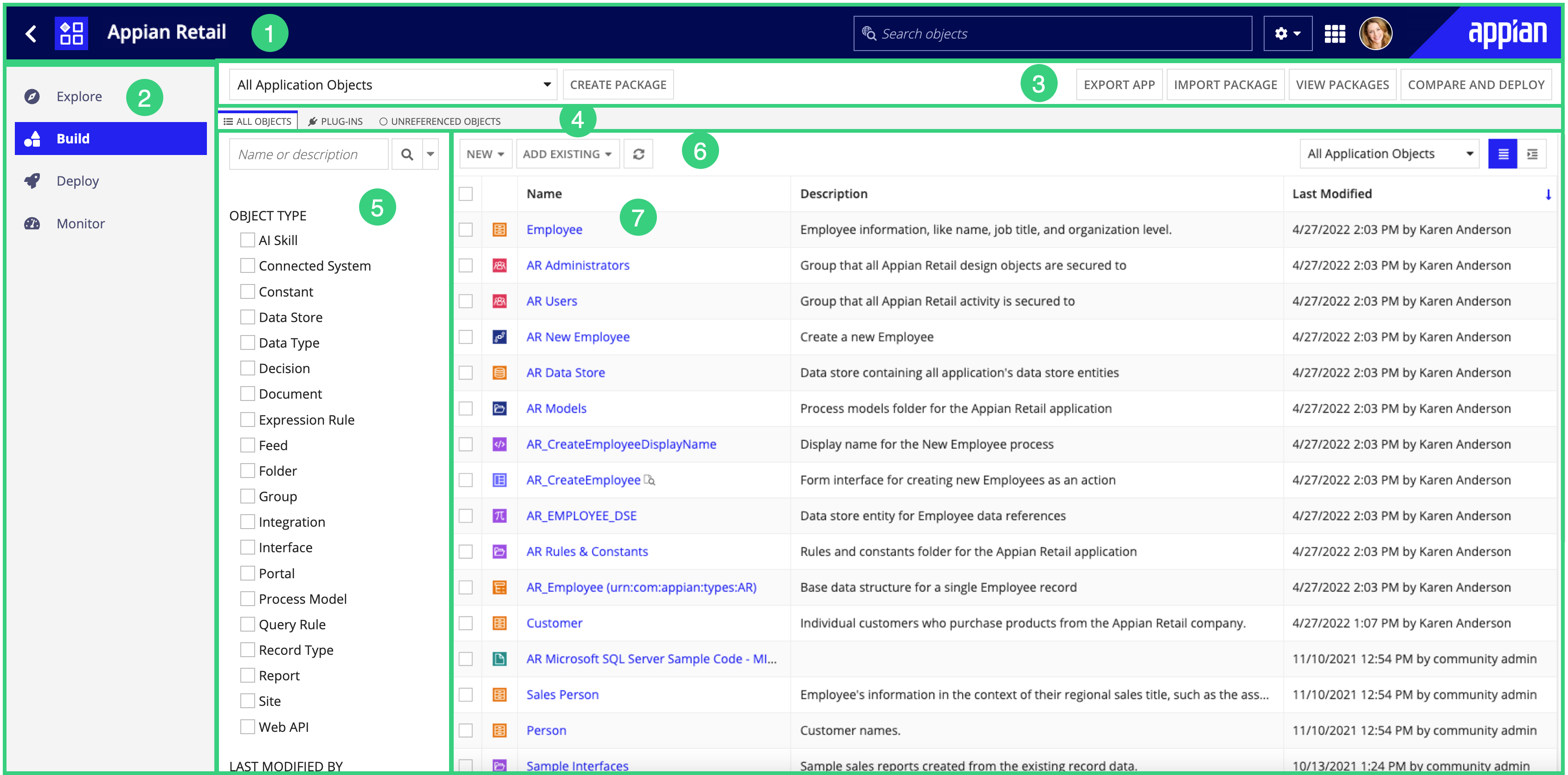 screenshot of the Objects view in Appian Designer