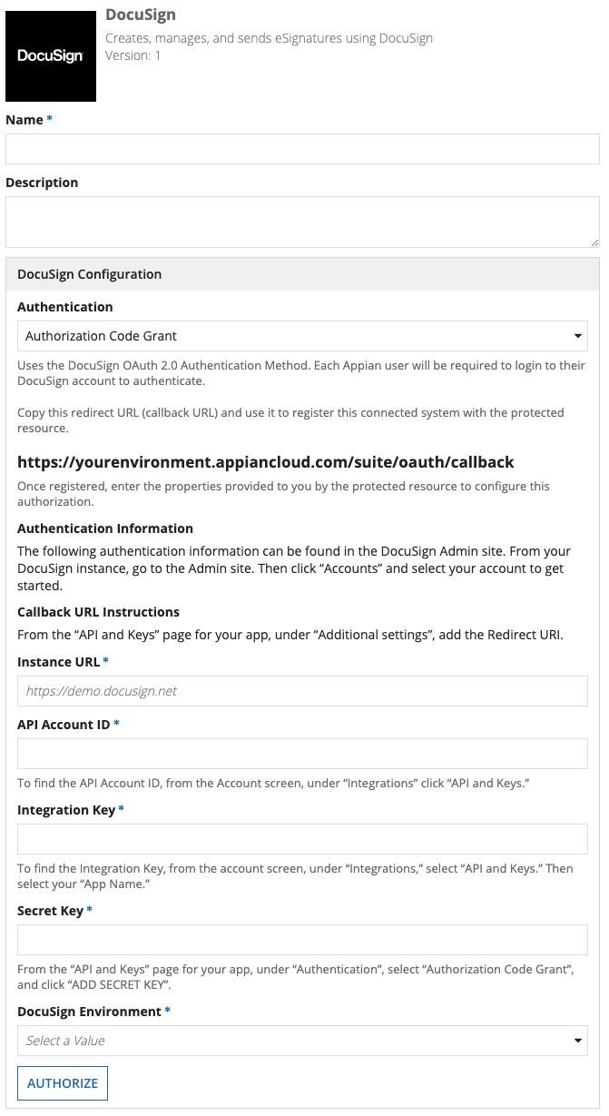 screenshot of the Authorization Code authentication method selected in a DocuSign connected system object