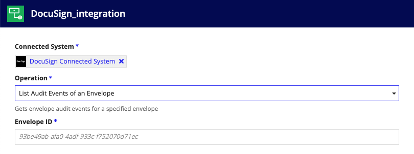 screenshot of the List Audit Events of an Envelope operation selected in a DocuSign integration object