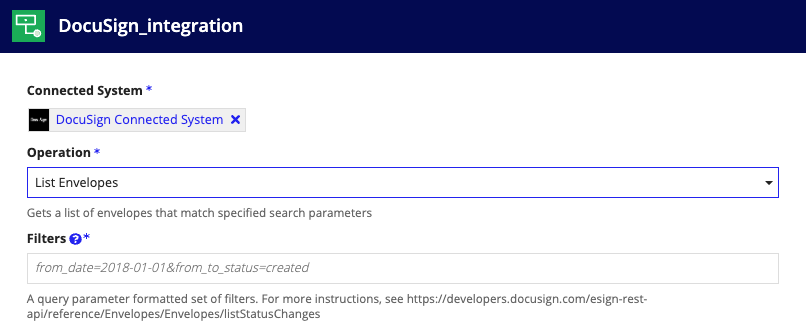 screenshot of the List Envelopes operation selected in a DocuSign integration object