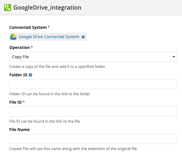 screenshot of a Copy File operation selected in an integration object