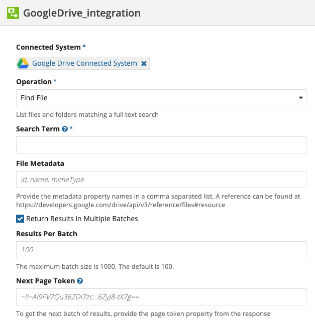 screenshot of a Find File operation selected in an integration object