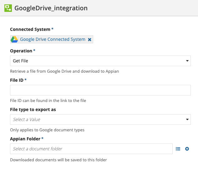 screenshot of a Download File operation selected in an integration object