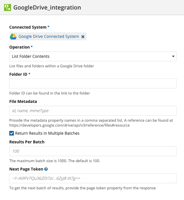 screenshot of a List Folder Contents operation selected in an integration object