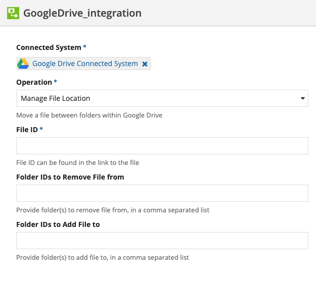 screenshot of a Manage File Location operation selected in an integration object