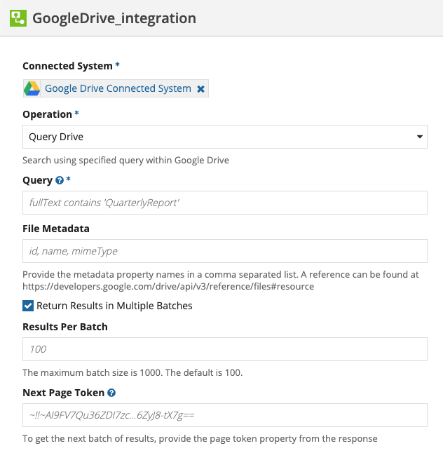 screenshot of a Query Drive operation selected in an integration object