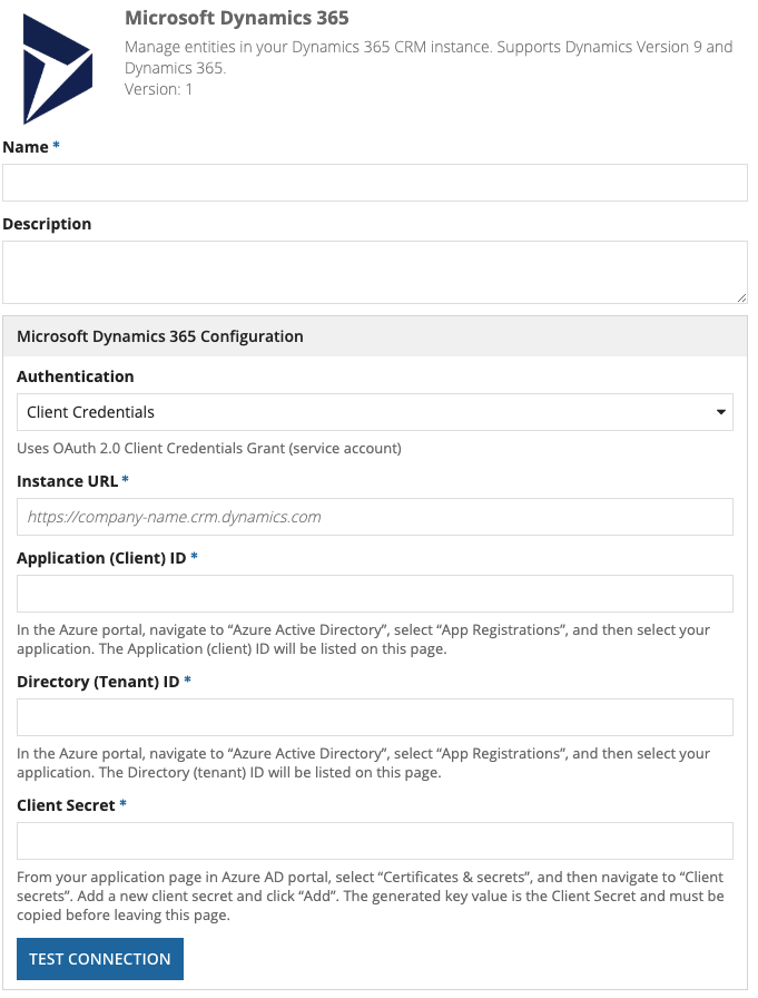 screenshot of the Client Credentials method of authentication selected in a Microsoft Dynamics 365 connected system object