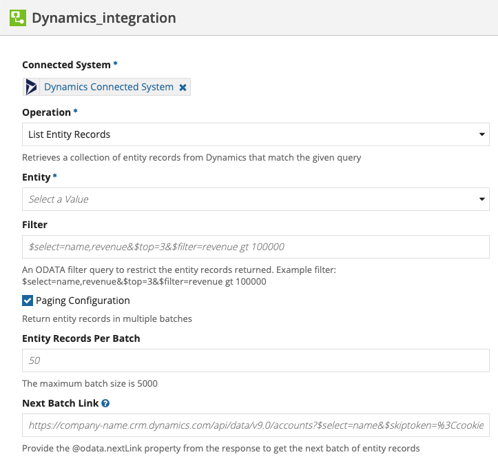 screenshot of the List Entity Records operation selected in a Microsoft Dynamics 365 integration object