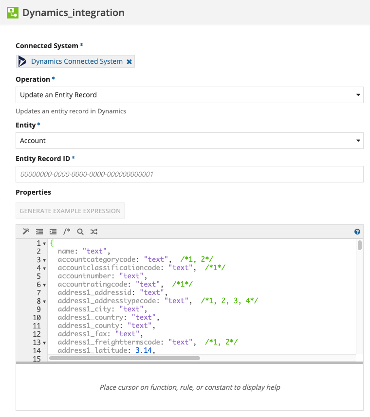 screenshot of the Update an Entity Record operation selected in a Microsoft Dynamics 365 integration object