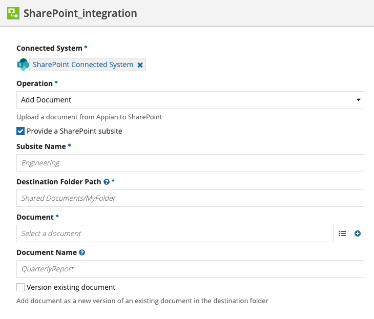 screenshot of the Add Document operation selected in an integration object