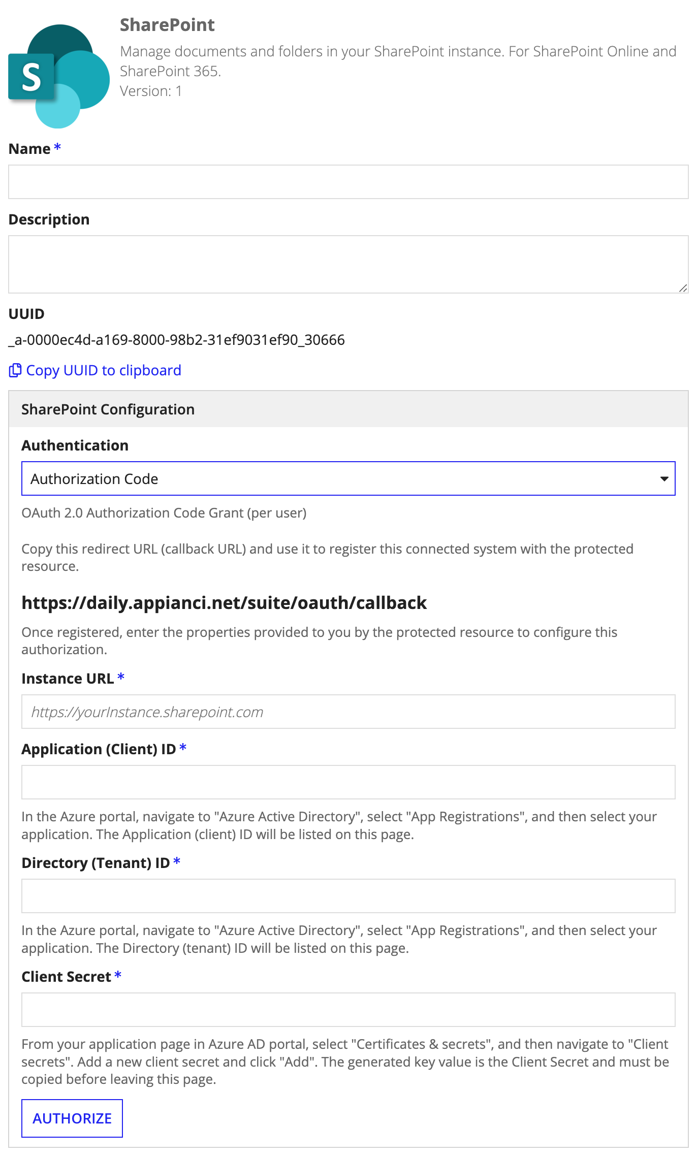 screenshot of a Sharepoint connected system object with the Authorization Code method of authentication selected