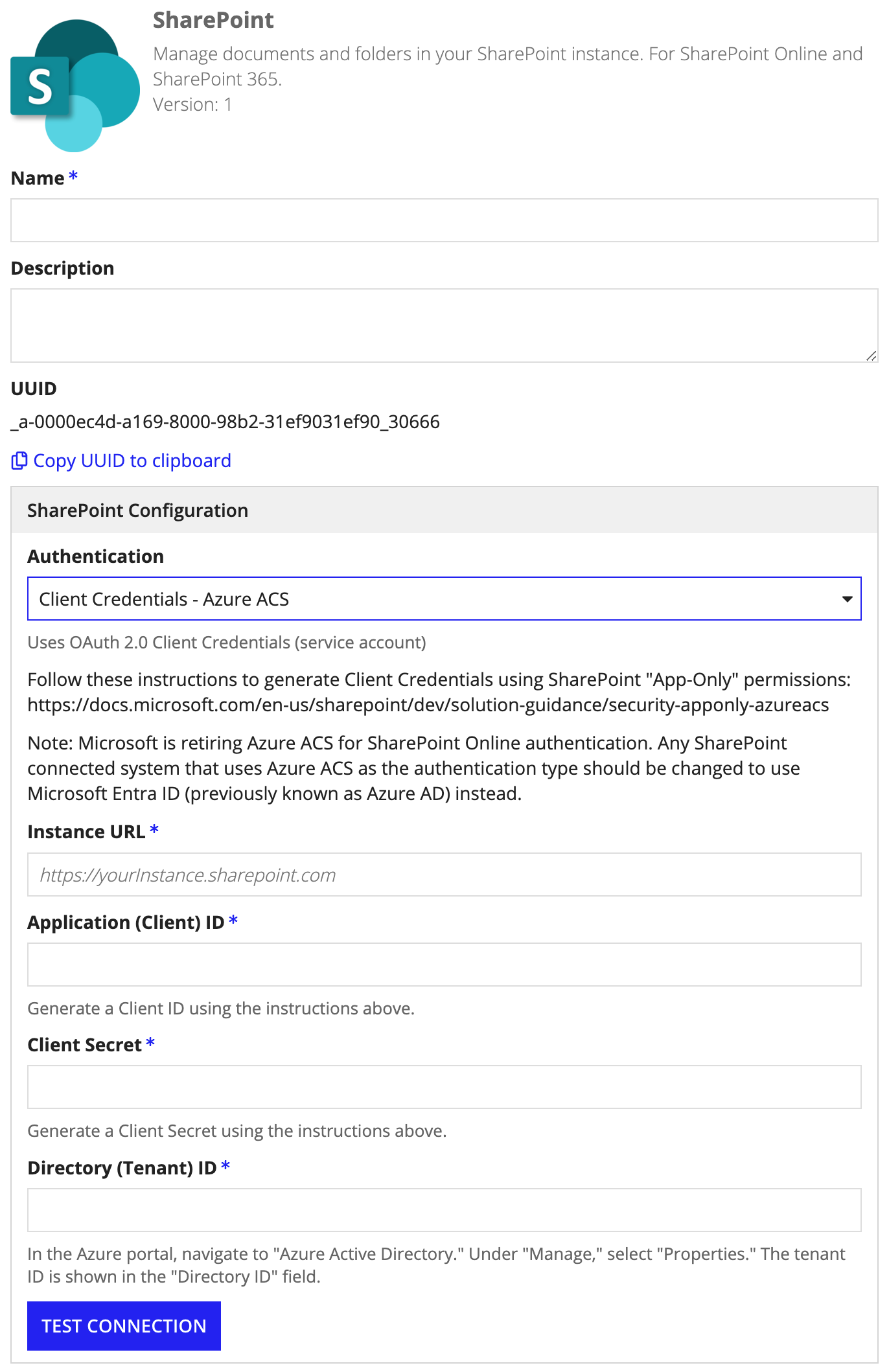 screenshot of a Sharepoint connected system object with the Client Credentials Azure ACS method of authentication selected