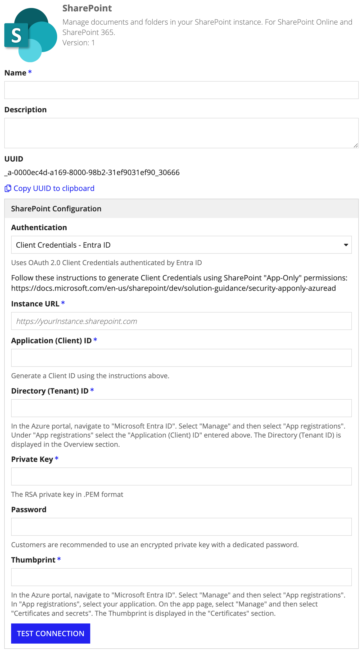 screenshot of a Sharepoint connected system object with the Client Credentials Entra ID method of authentication selected