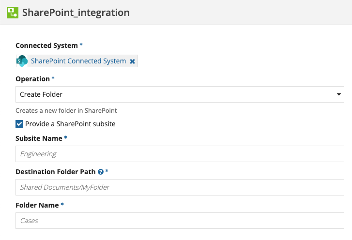 screenshot of the Create Folder operation selected in an integration object