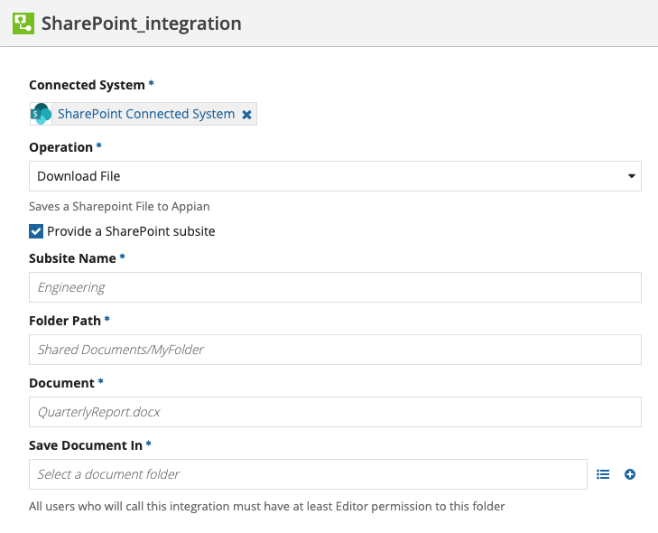 screenshot of the Download Document operation selected in an integration object