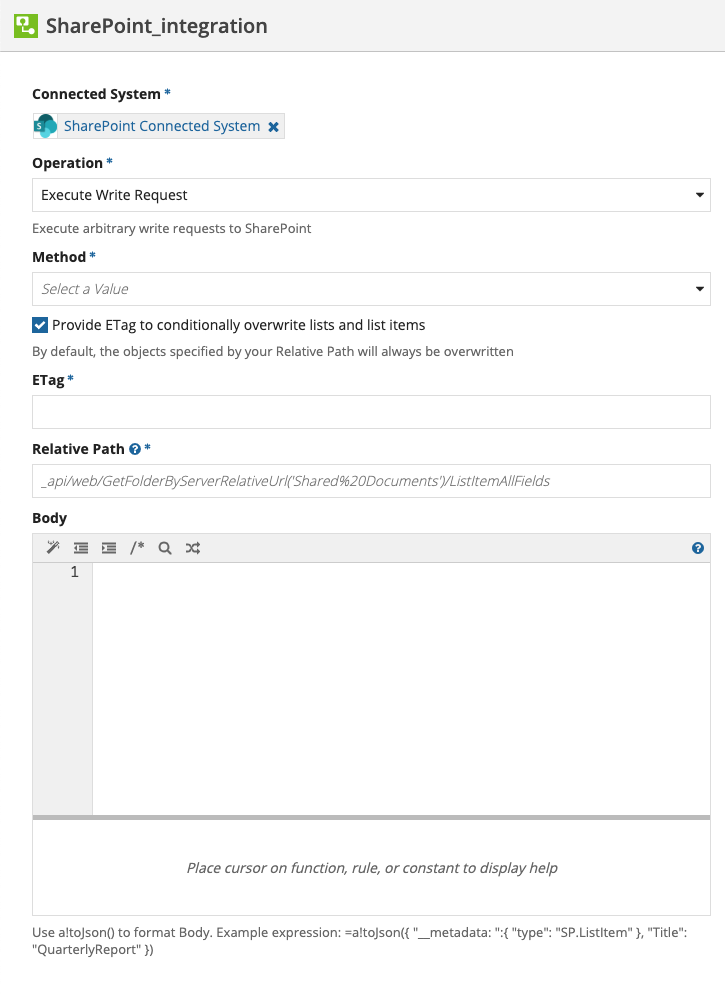 screenshot of the Execute Write Request operation selected in an integration object