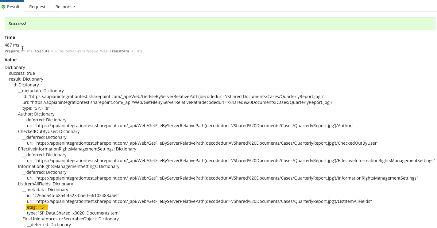 screenshot of highlighted etag metadata field in a Get Document Metadata result 