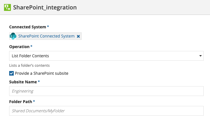 screenshot of the List Folder Contents operation selected in an integration object