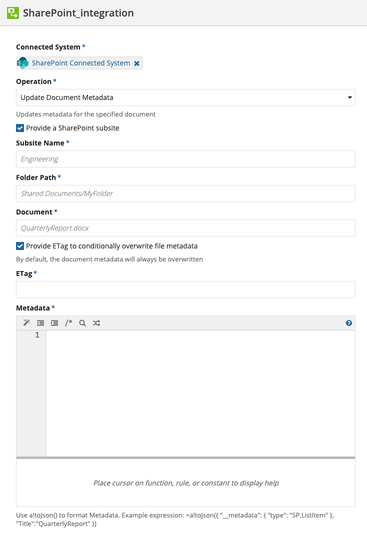 screenshot of the Update Document Metadata operation selected in an integration object